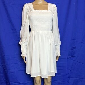 Elegant White Lined Smocked Sheer Long Sleeve Dress. Large.